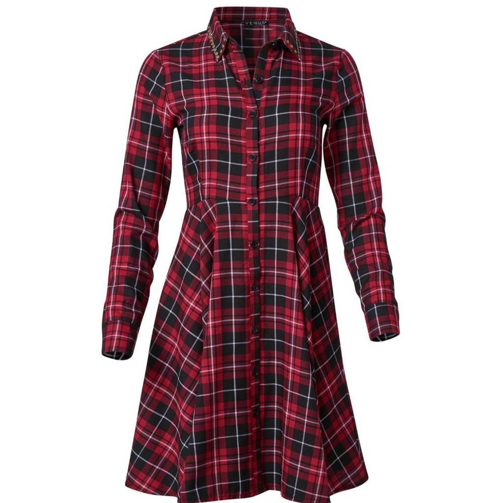 Venus Womens Shirt Dress Red Multicolor Plaid Collar Long Sleeve Studded 10 New